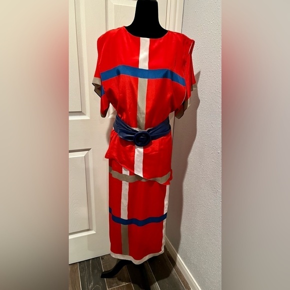 TED LAPIDUS Paris Vintage 80s Short Sleeves Color Blocked Dress US 8/40. - Picture 1 of 14